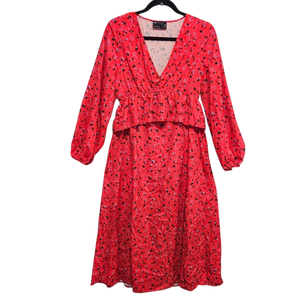 Asos Design Ruffle Front Midi Dress with Splits in Red Size‎ US 6